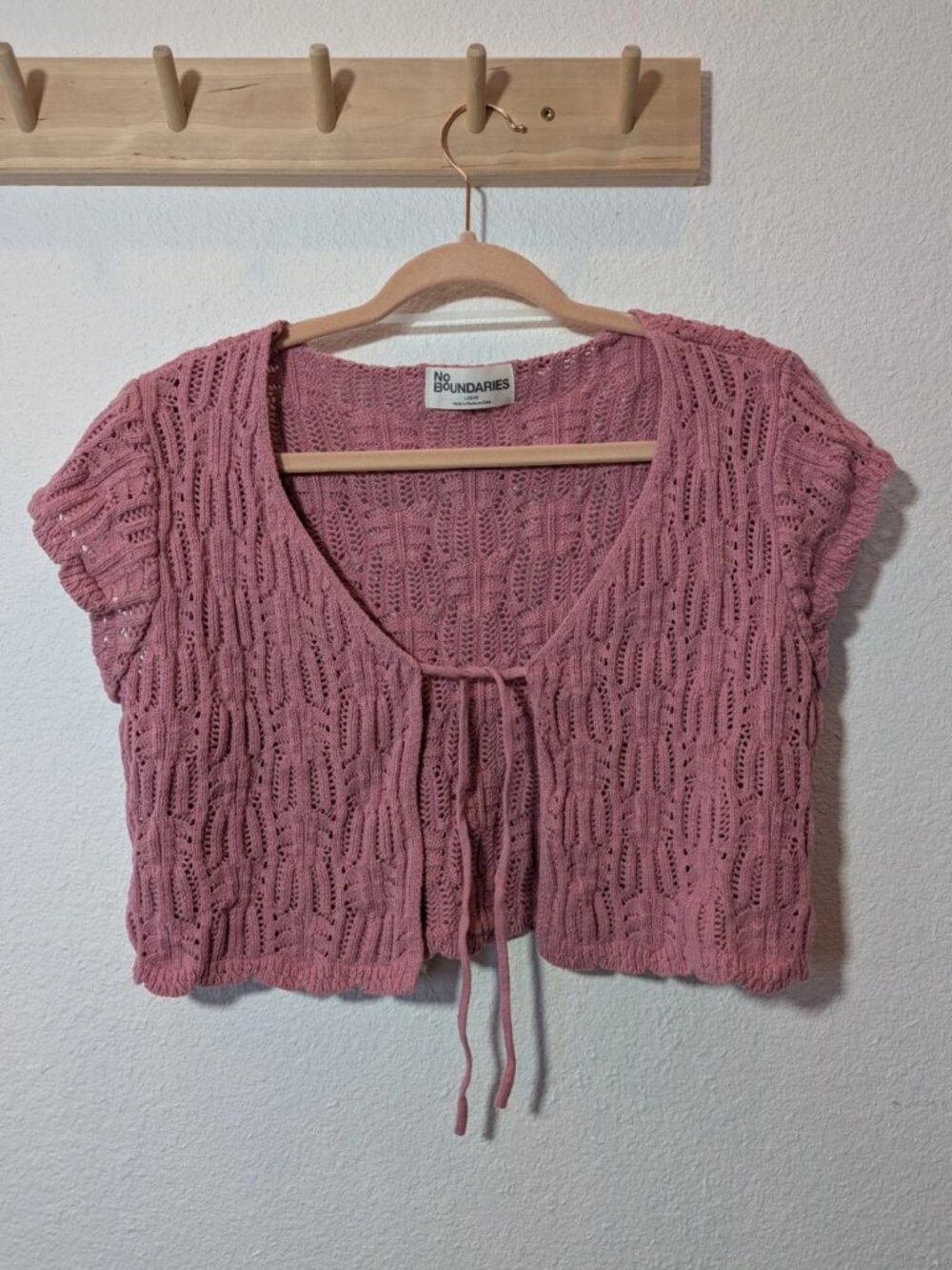Open knit cardigan with tie closure and short sleeves
